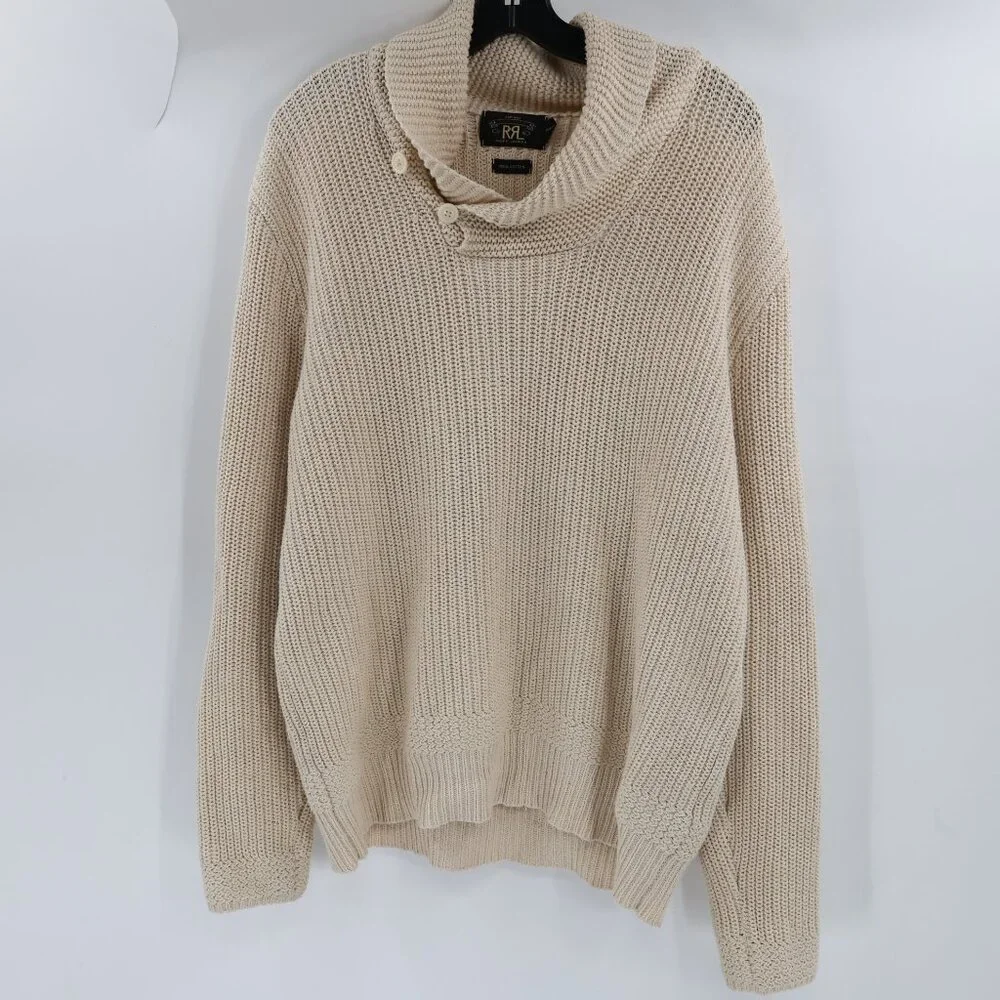 RRL Ralph Lauren sweater mens large Shawl Collar Cotton Knit beige jumper - Picture 1 of 13